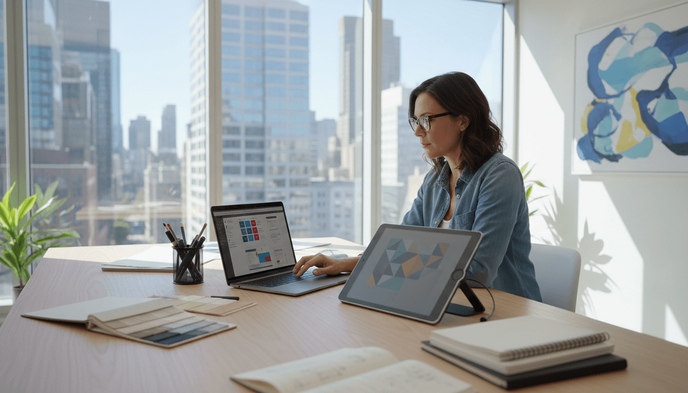 professional web designer working at modern desk with laptop and design tools in bright office