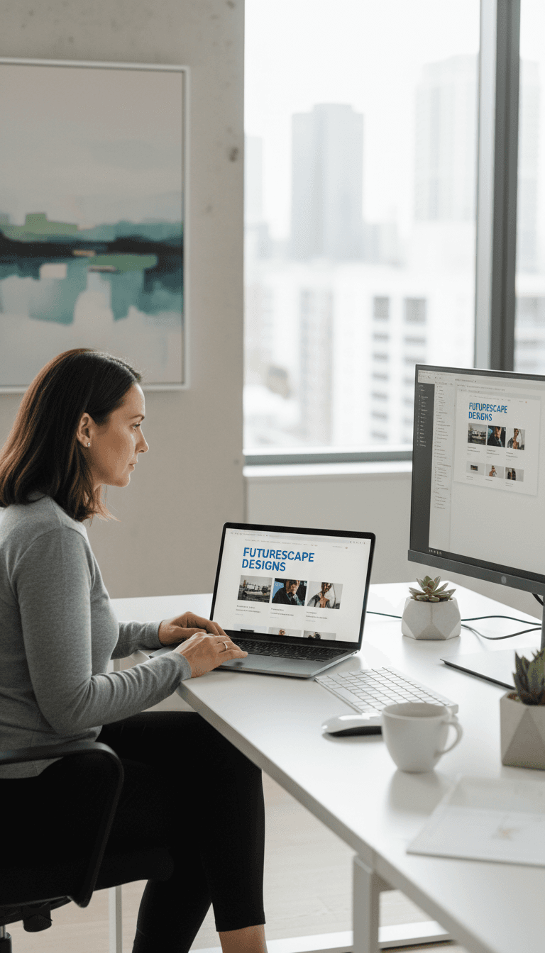 professional web designer working at modern desk with laptop displaying website design mockup in bright office