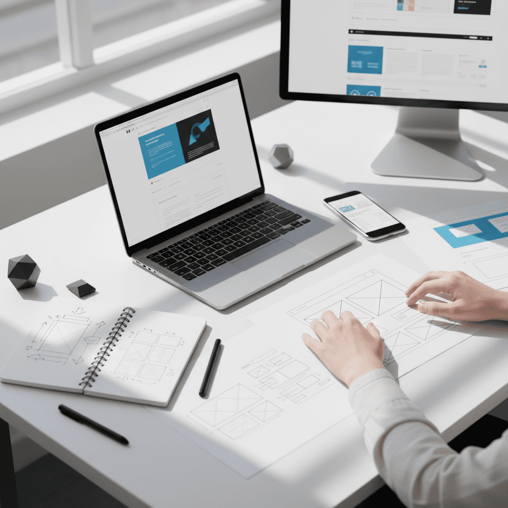 Professional web designer working on a modern website design at a clean desk